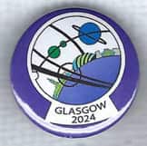 Pin promoting Glasgow for the 2024 Worldcon. Dublin 2019: An Irish Worldcon.