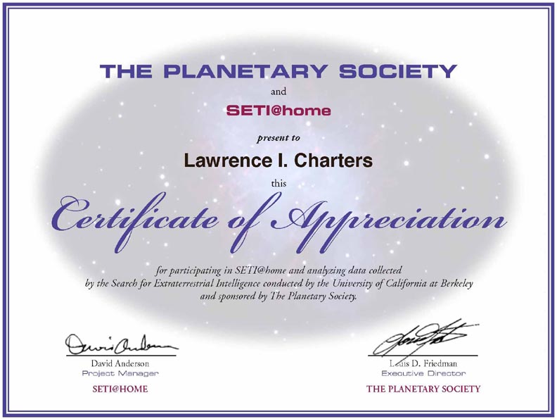 Planetary Society certificate for SETI