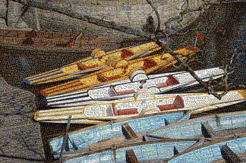 Very large photo mosaic of modern Oxford punts on the Thames