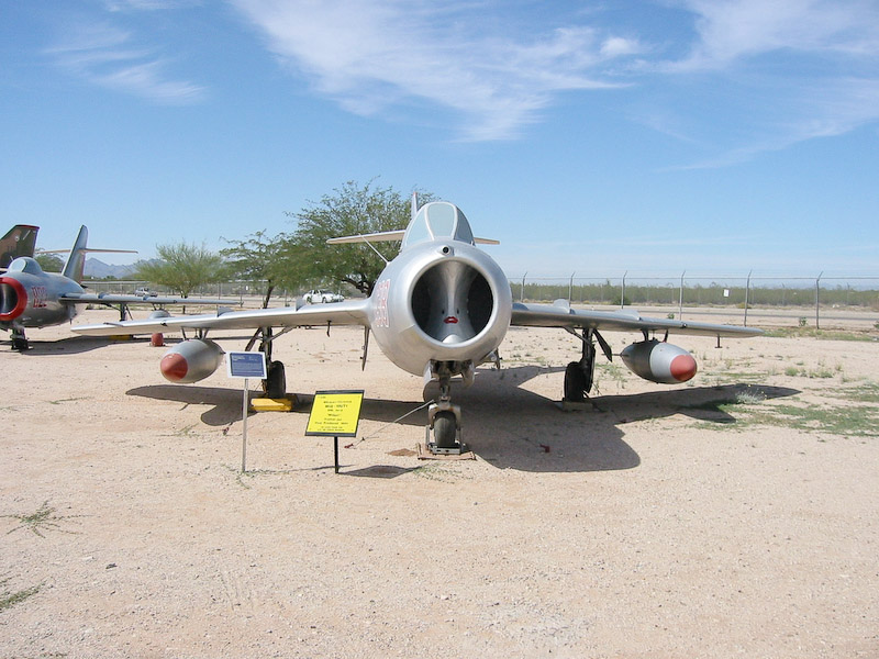 Frontal view, Mikoyan Guerevich MiG-15 UTI Soviet two-seat trainer, Pima Air and Space Museum, Tucson, Arizona.