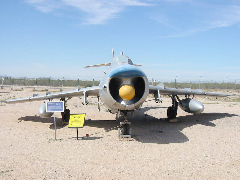 Frontal view, Mikoyan Guerevich MiG-17PF (code name Fresco D) Soviet fighter jet, Pima Air and Space Museum, Tucson, Arizona.