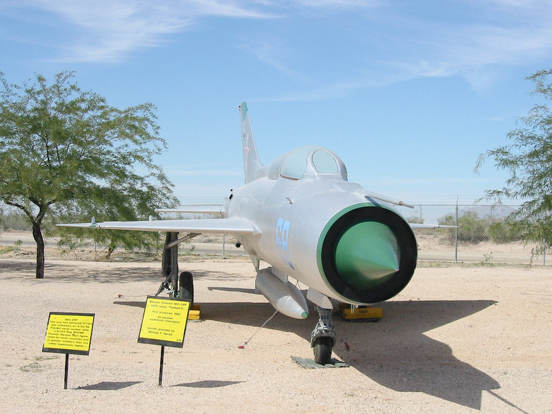 Frontal view, Mikoyan Gourevitch MiG-21PF Soviet jet fighter (code name Fishbed D), Pima Air and Space Museum, Tucson, Arizona.