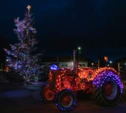 Tree and tractor, downtown Sequim, Christmas lights, Sequim, December 25, 2018