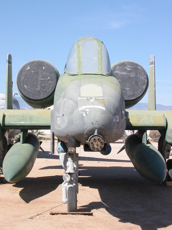 Closeup of the nose of a Fairchild A-10A Thunderbolt II, showing the 30mm cannon. Pima Air and Space Museum, Tucson, Arizona.