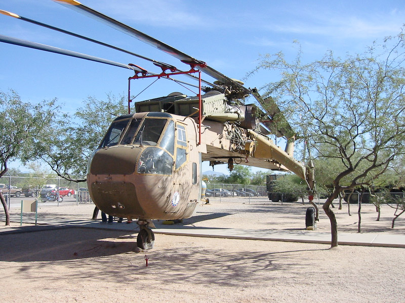 Sikorsky CH-54A Tarhe helicopter (Skycrane), over the entrance to the Pima Air and Space Museum, Tucson, Arizona.